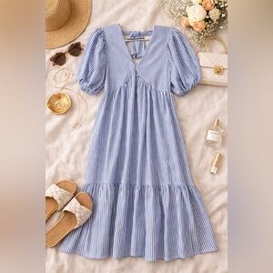 Influence Blue & White Striped Puff Sleeve Cottagecore Midi Dress – Size US 6